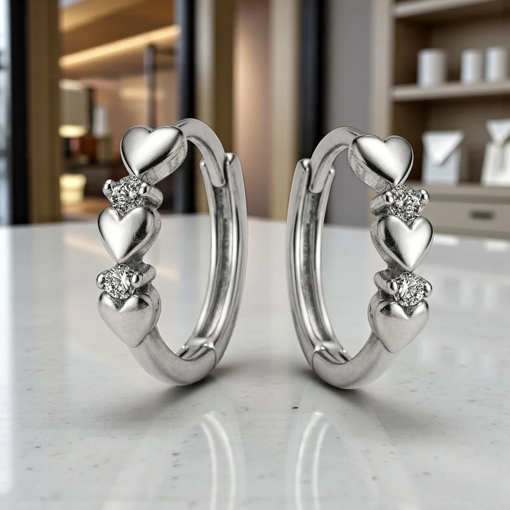 Minimalist Hoop Heart Earrings S925 Sterling Silver Dainty Zirconia Gift